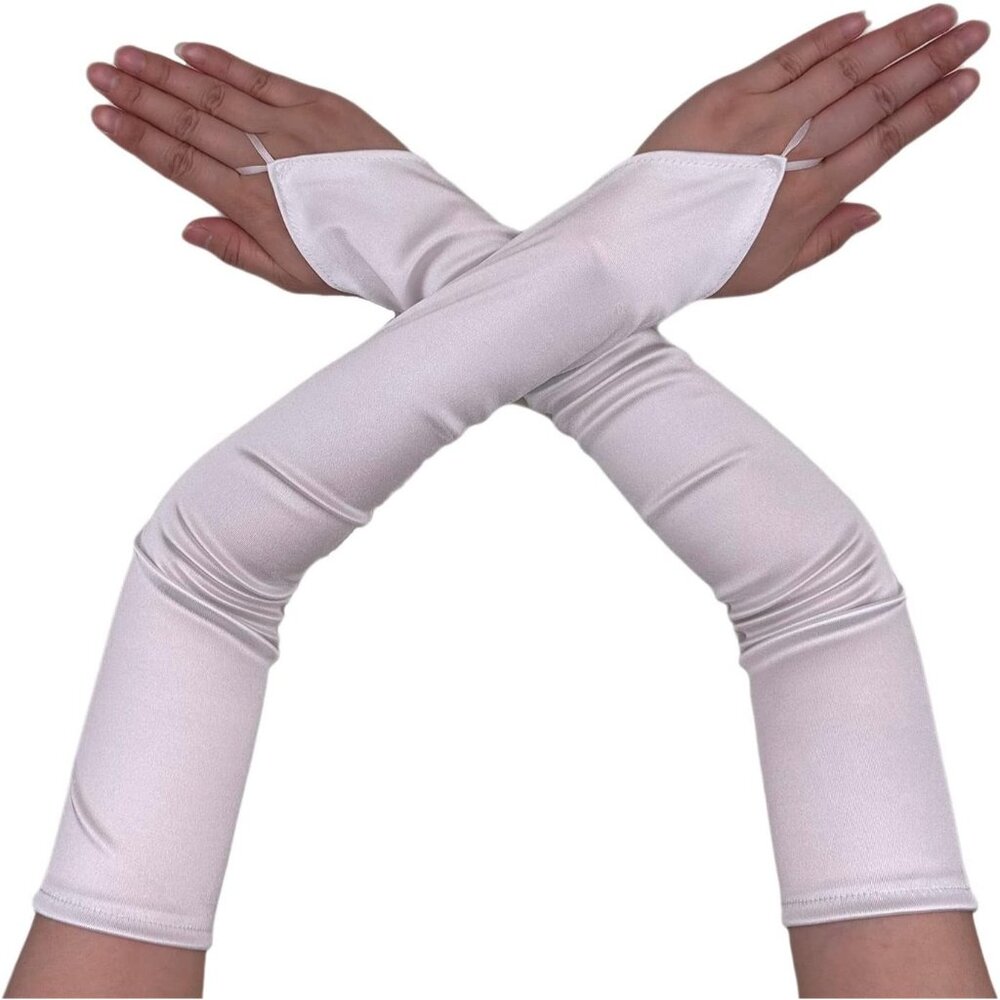 Women's Stretchy White Long Satin Fabric Gloves Elbow Length Opera Party Prom